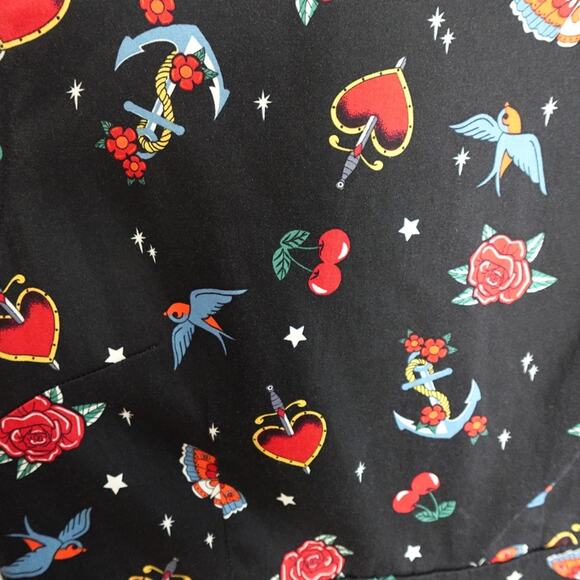 Retro Pin-Up Rockabilly Black Printed Fit and Flare Sleeveless XL Dress Cotton - Picture 5 of 13